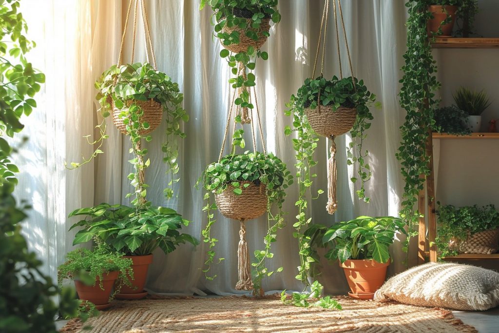 Harmonie végétale : créez une atmosphère bohème avec des porte-plantes et des textures naturelles