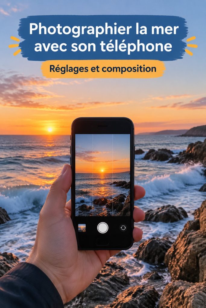 Un photographe utilisant un smartphone pour capturer la mer lors d'une journée ensoleillée.